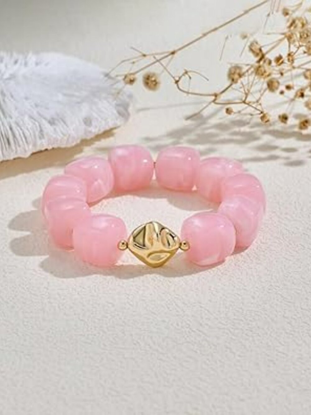 NEW Bead Bracelet Vibrant‎ Pink Resin Beads Elastic Stretch Chunky Beach Summer